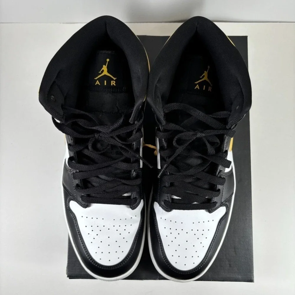 Air Jordan 1 Mid White/Pollen Black Men's US 13 University Gold Shoes 554724-177